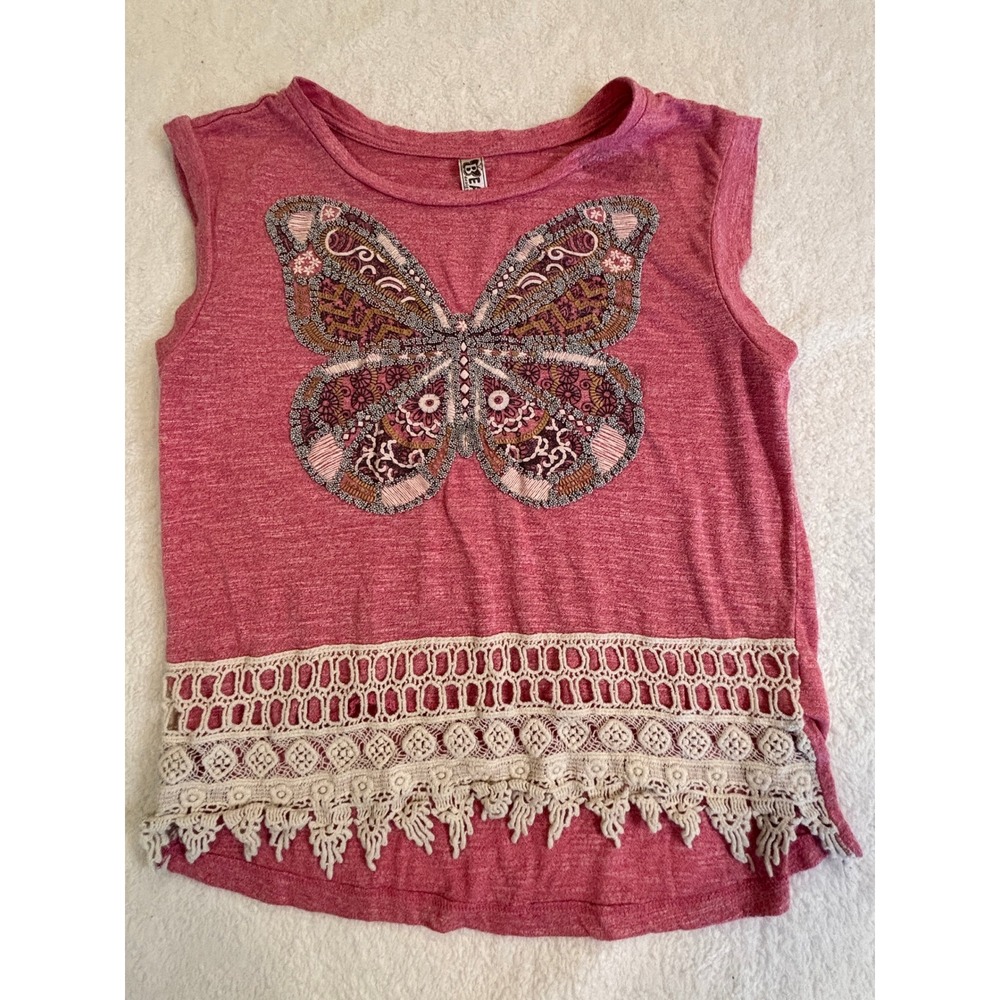Beautees Pink Butterfly Graphic Sleeveless Top Crochet Lace‎ Hem Fringe Large